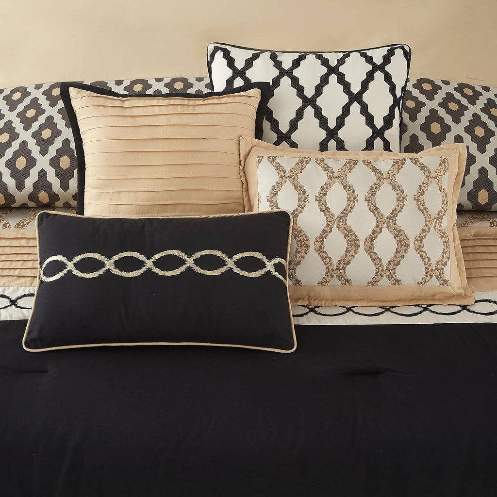 LANCO MODERN LIFESTYLE King Size Comforter Set, Black Gold, 10 Piece Bed in a Bag for All Seasons, Luxury Extreme Comfort Bedding Sets with Bedskirt, Pillow Shams, Euro Shams and Decor Pillows