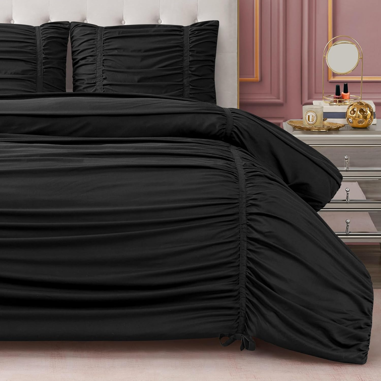 Juicy Couture Ribbon Ruched 3 Piece King Comforter Set, Black Bedding Ensemble