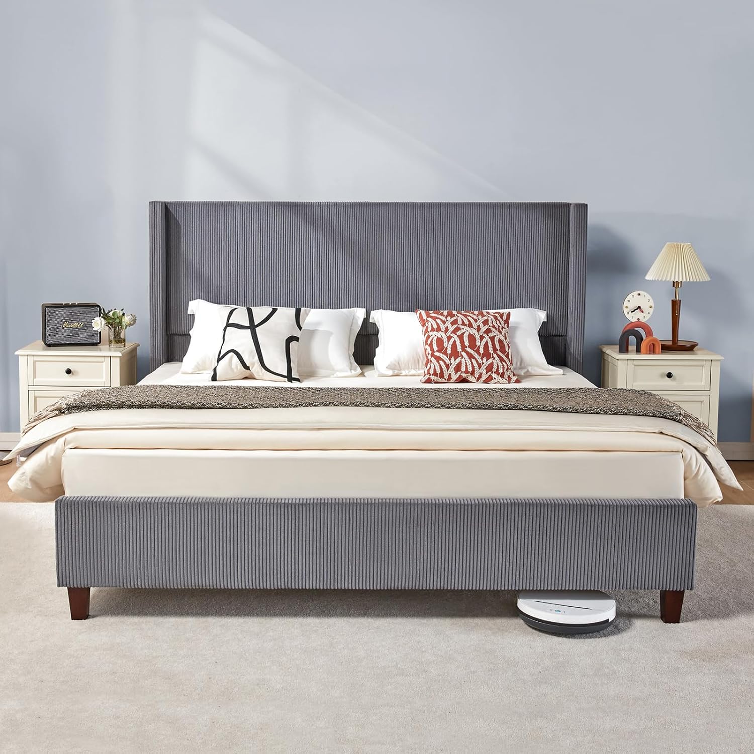 VanAcc King Size Platform Bed Frame, 50.8' Corduroy Upholstered Bed with Vertical Channel Tufted Headboard/Wooden Slats/Wingback/No Box Spring Required/Grey