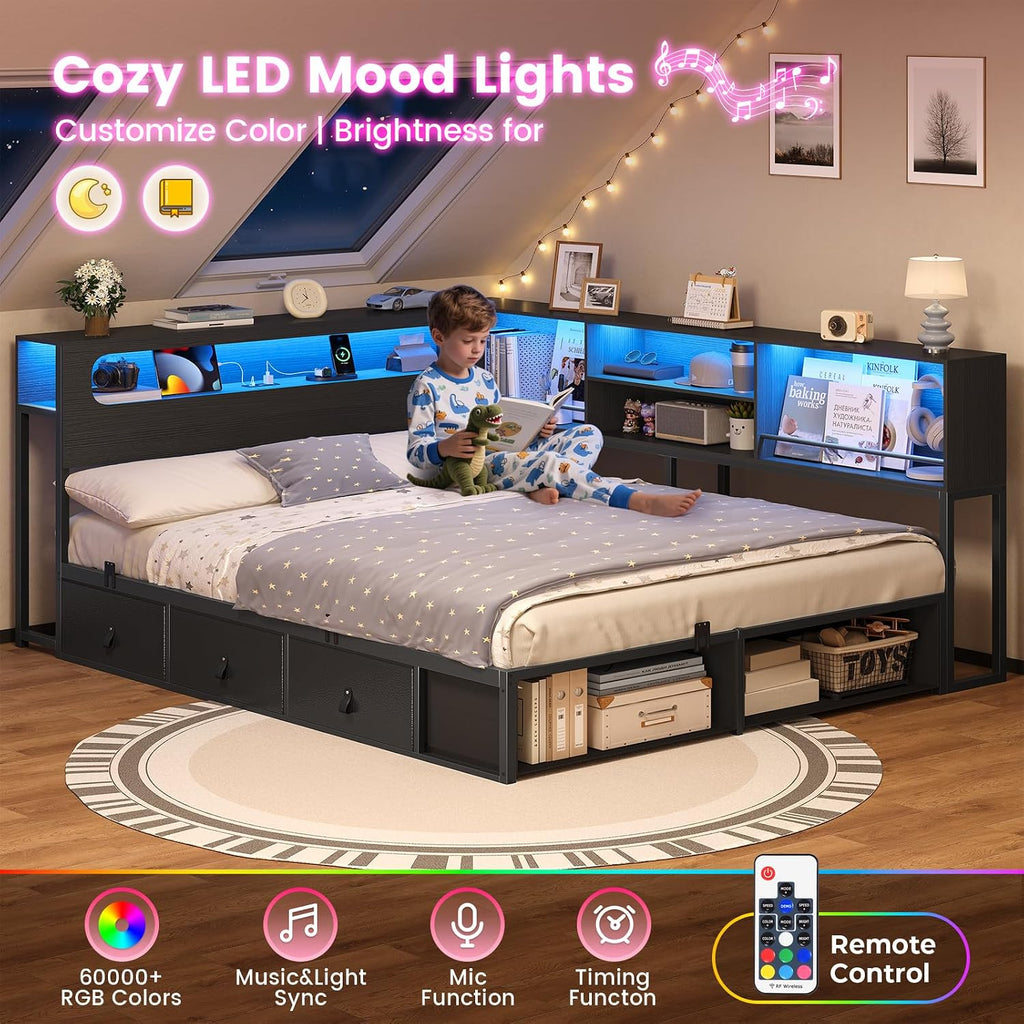 ADORNEVE Corner Bed Frame Full Size with Storage Bookcase & RGB Lights, Power Outlet, Metal Daybed with 3 Drawers & 2 Open Cubbies, for Teens, Small Space, Black
