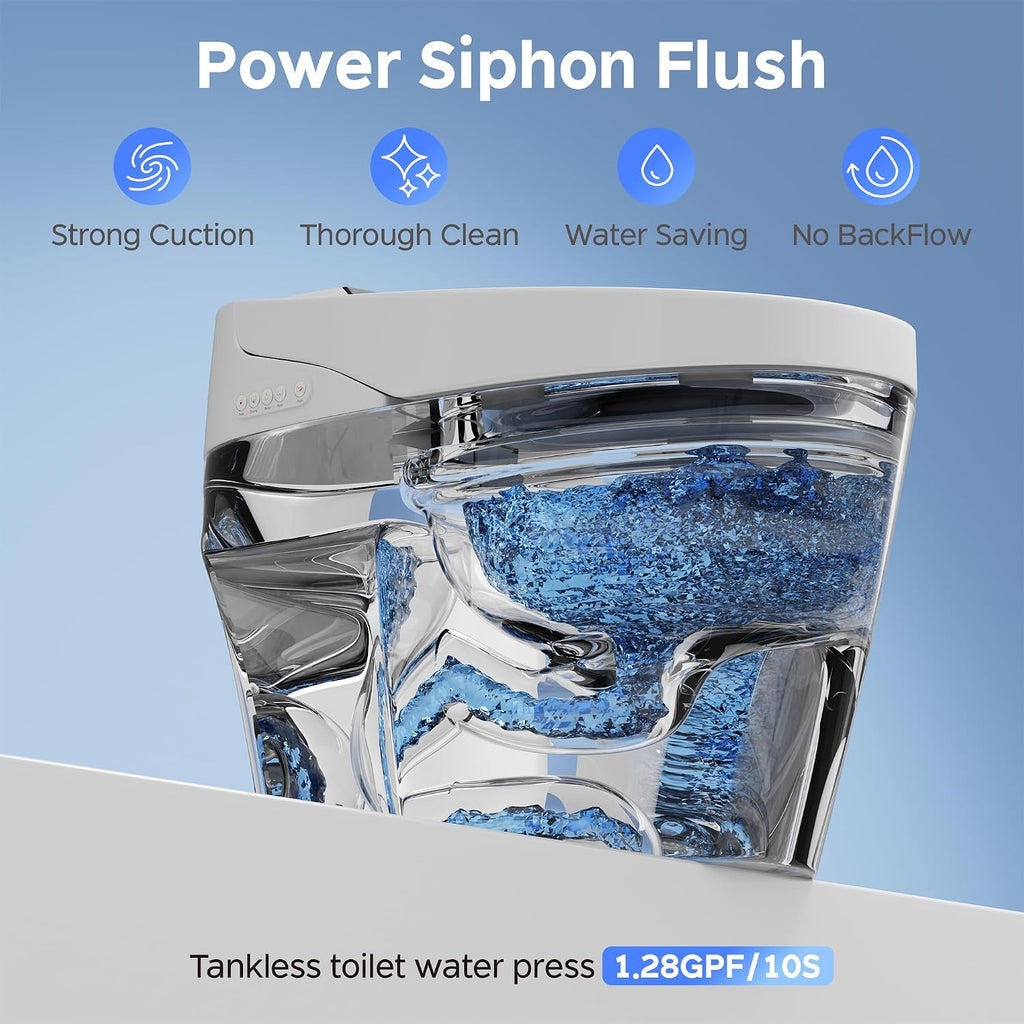 Smart Toilet with Bidet and Foam Shield Splash-Proof Protection, Touchless Auto Open Lid & Self-Cleaning, Modern Tankless Toilet with Remote Control, Heated Seat for Home Use