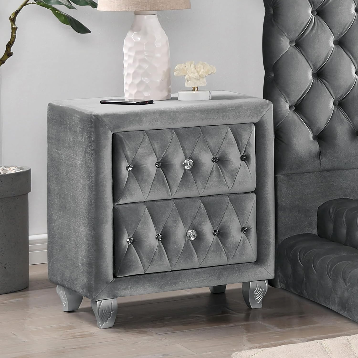 Furniture of America Rhodo Fabric Upholstered 3-Piece Bedroom Set, King Size Platform Bed and 2-Drawer Nightstands with USB Port, Button Tufted Headboard, No Box Spring Required, Gray