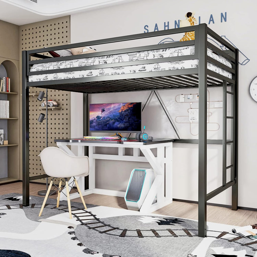 ikalido Metal Loft Bed Twin Size with Safety Guardrail and Ladder, No Box Spring Needed Space Saving Bedroom Furniture, Matte Black