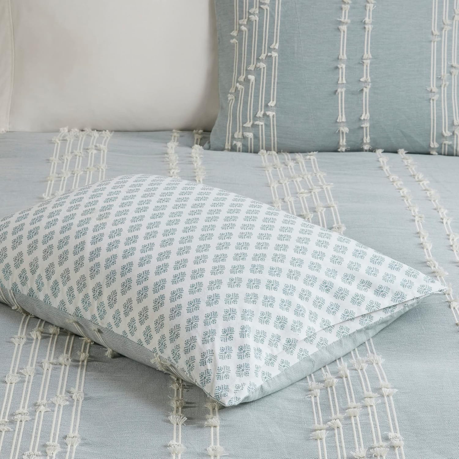 INK+IVY Cotton Duvet Cover Queen Size - 100% Cotton Duvet Cover Set, Boho Bedding Set for All Seasons Farmhouse Bedding Duvet & Sets with 2 Pillowcase, Jacquard Stripes, Aqua 3 Piece Full/Queen