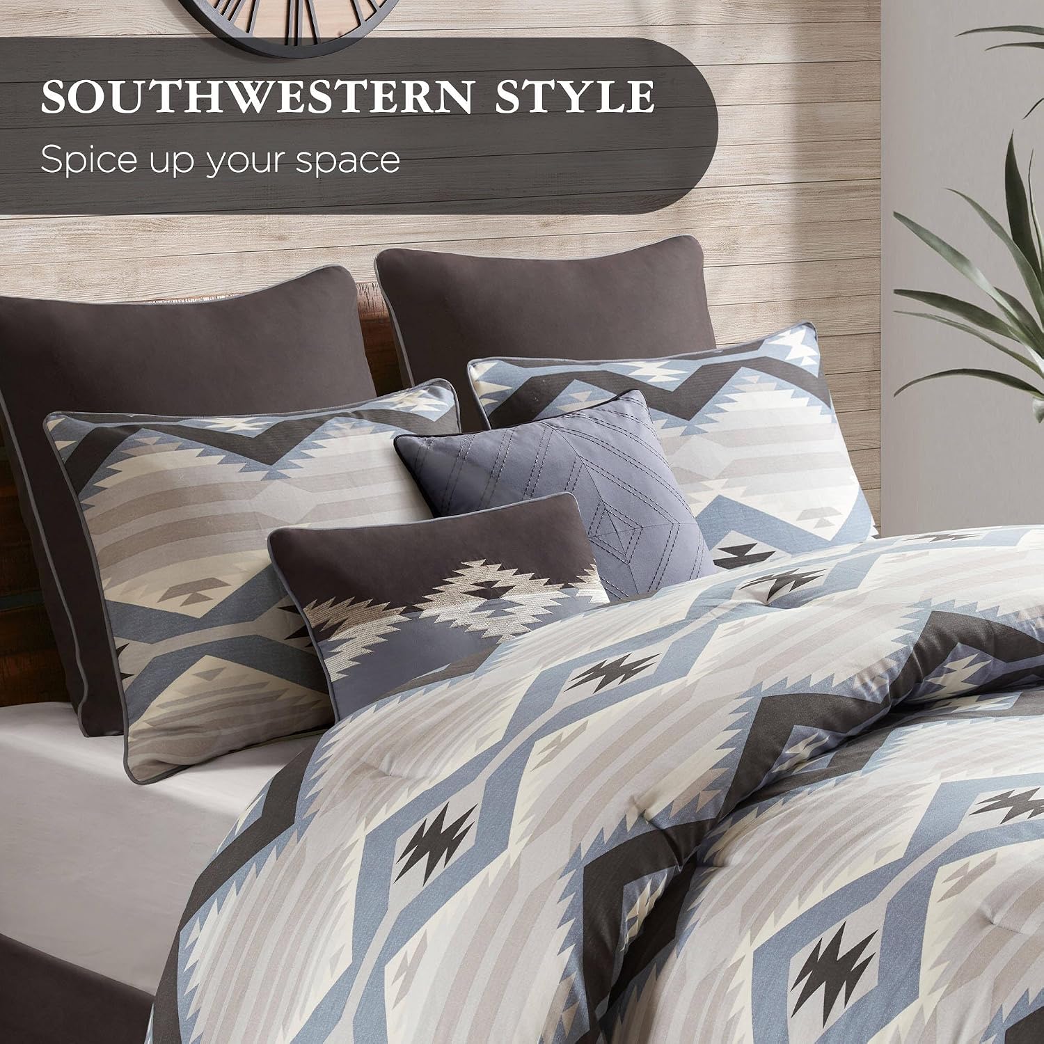 Woolrich Queen Comforter Set, Southwestern Aztec 8 Piece Bedding Set, Oversized All Season Down Alternative Comforter with Shams, Euro Shams, Decorative Pillows & Bedskirt, Rustic Cabin, Blue