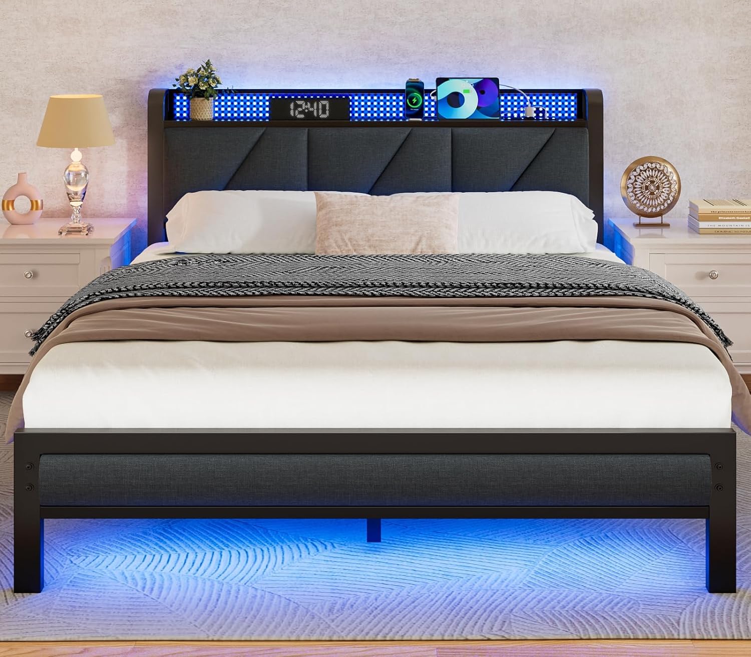Furnulem Queen Bed Frame with Headboard and Storage Shelf, LED Light and Charging Station, Metal Platform Bed with Heavy Duty Slats, No Box Spring Needed, Noise Free & Easy Assembly