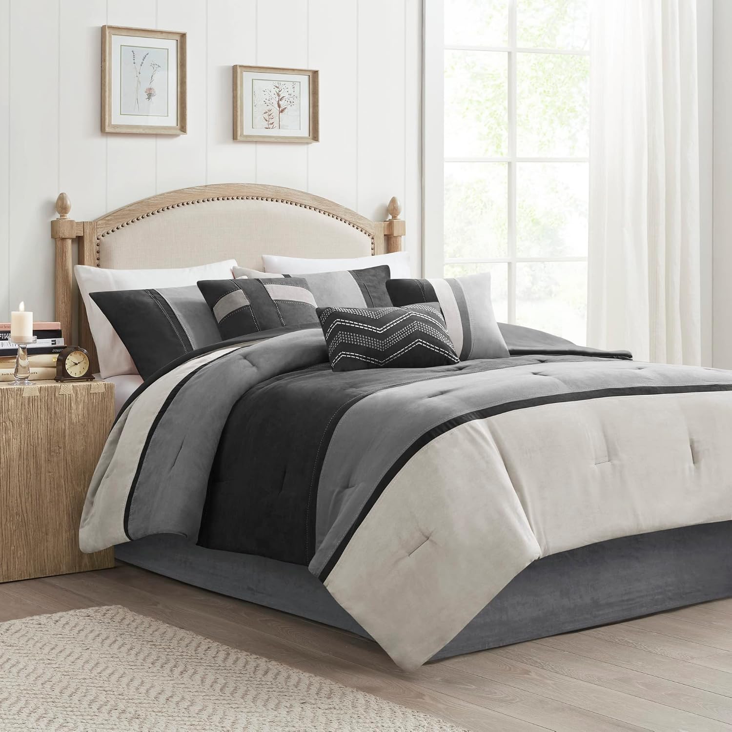 Madison Park Palisades Comforter Set Modern Faux Suede Pieced Stripe Design, All Season Down Alternative Cozy Bedding with Matching Shams, Decorative Pillows, King(104'x92'), Black 7 Piece