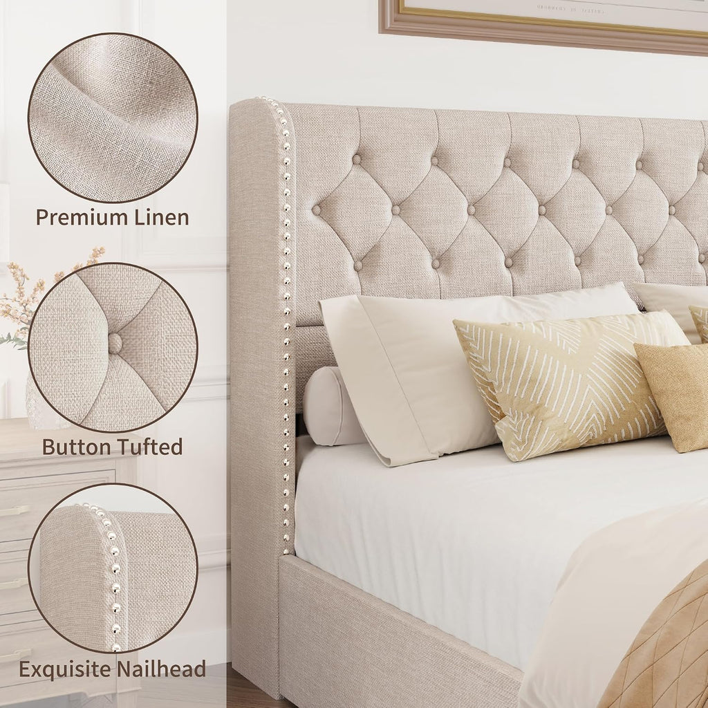 BRELTAM King Size Bed Frame with Storage Drawers and Wingback Headboard Linen Upholstered Platform Bed Frame Tufted Beds with Heavy Duty Wood Slats, Noise Free, Easy Assembly, Beige