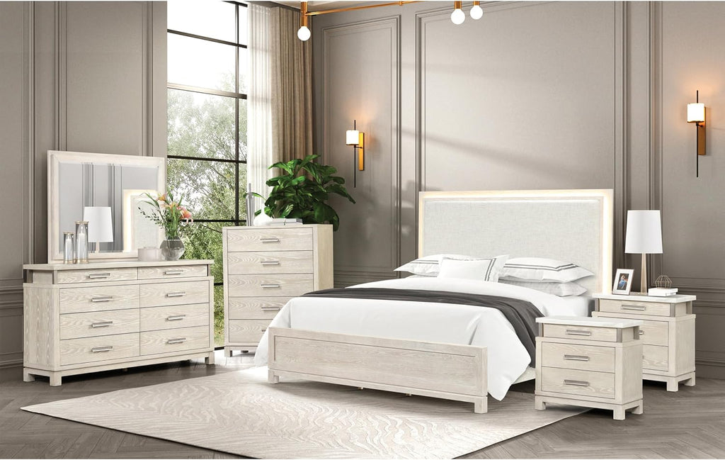 Furniture of America Bailer Modern Solid Wood 6-Piece Bedroom Set with LED on Headboard, Stainless Steal Posts and Marble Top on Nightstand, Box Spring Needed, King, Weathered Gray