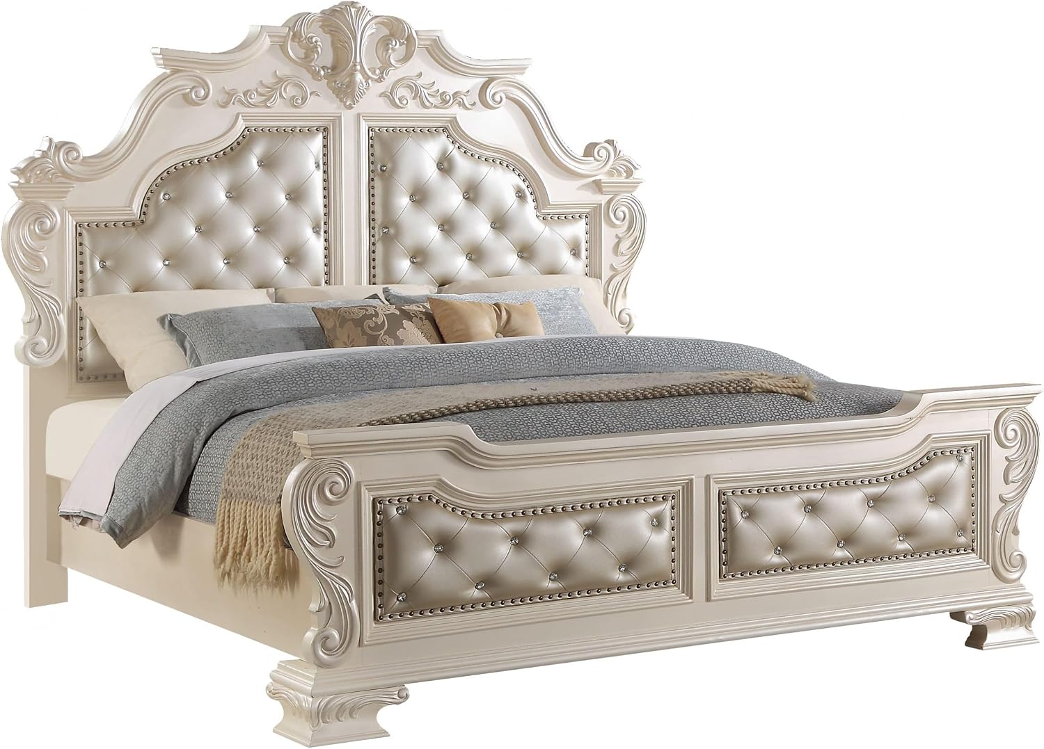 First of a Kind Victoria Off White Traditional 4 Piece Queen Bedroom Set with Upholstered Tufted Headboard Elegant European Inspired Design Coordinated Furniture Collection