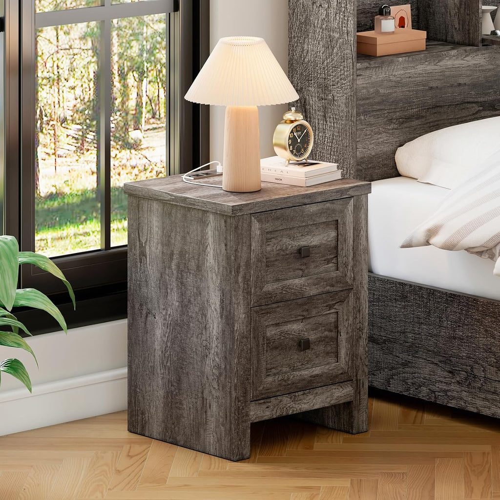 LUXOAK 3 Pieces Bedroom Sets, Includes Full Size Lift Up Storage Platform Bed Frame, 2 Drawers Farmhouse Nightstand Set of 2 with Charging Station, No Box Spring Needed, Rustic Grey