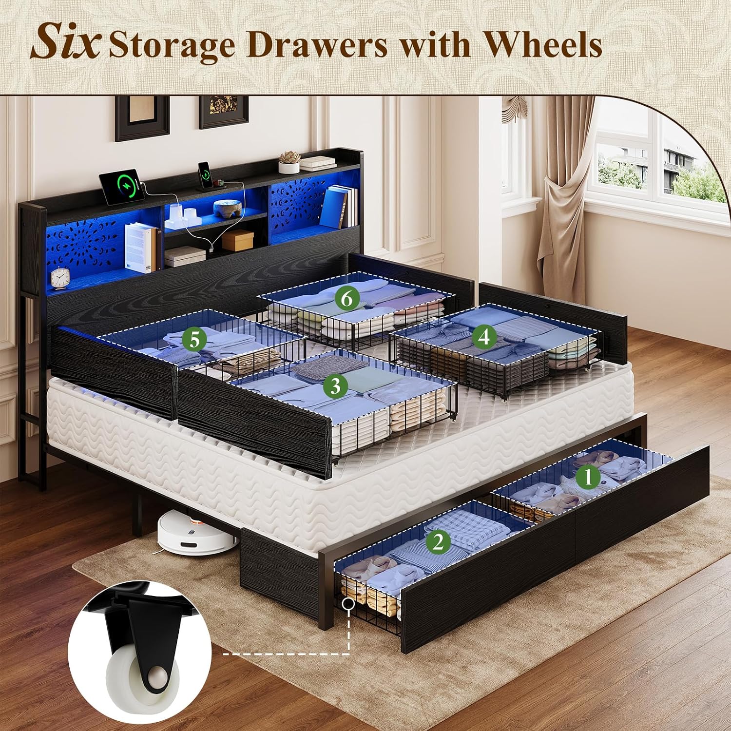 Belffin King Bed Frame with 6 Storage Drawers and Carving Headboard, Wooden Bed Frame with Charging Station and LED Lights, No Noise and Easy Assembly, No Box Spring Needed, Vintage Black
