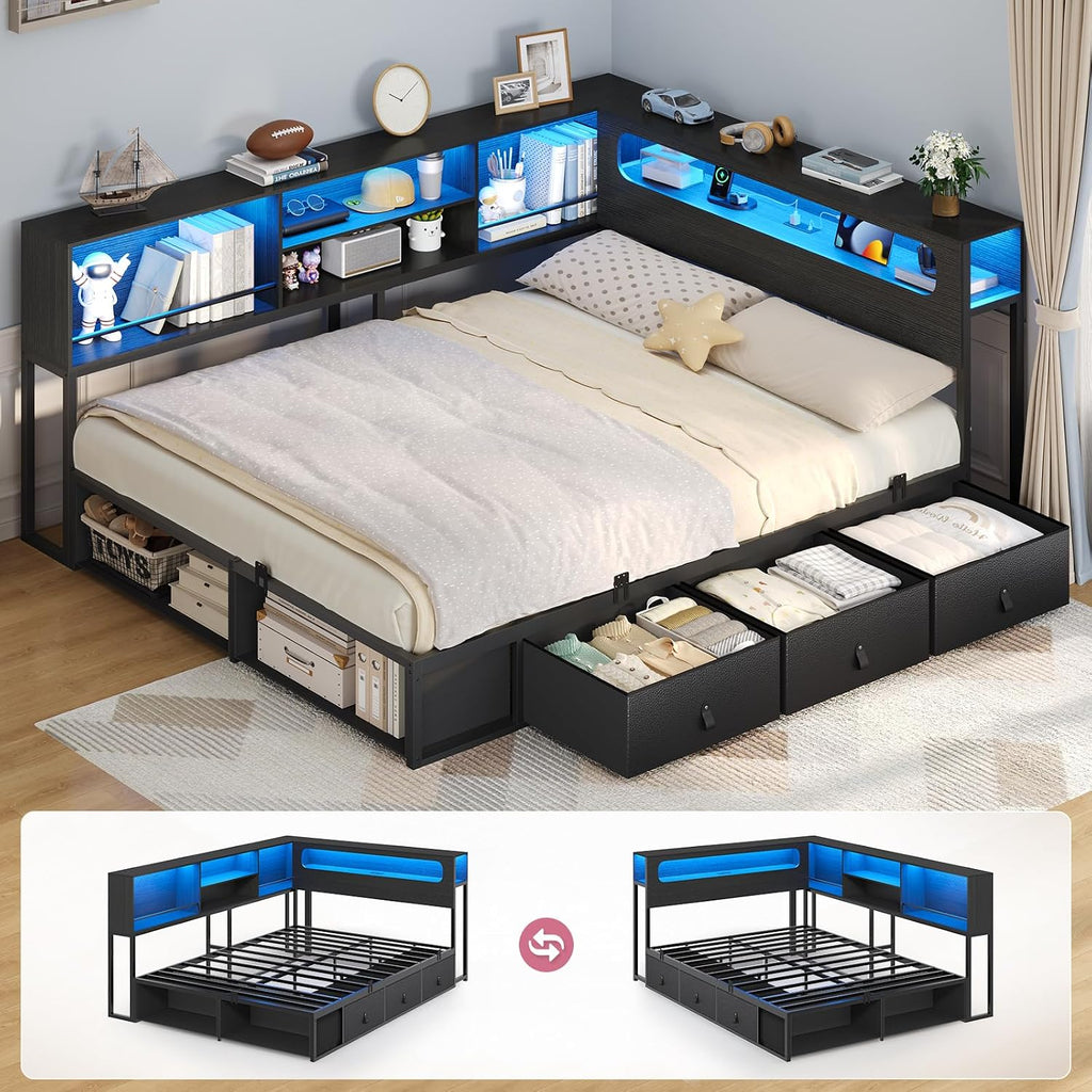 ADORNEVE Corner Bed Frame Full Size with Storage Bookcase & RGB Lights, Power Outlet, Metal Daybed with 3 Drawers & 2 Open Cubbies, for Teens, Small Space, Black