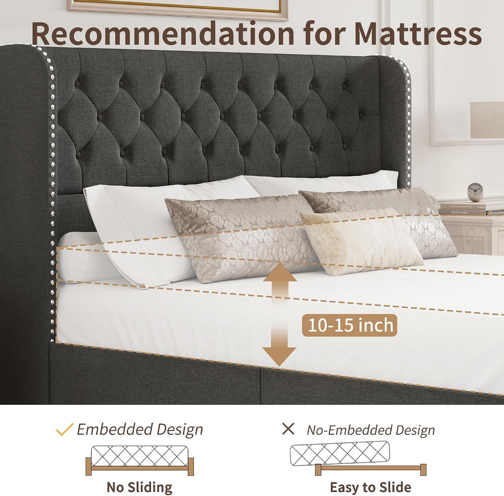 BRELTAM King Size Bed Frame with Storage Drawers and Wingback Headboard Linen Upholstered Platform Bed Frame Tufted Beds with Heavy Duty Wood Slats, Noise Free, Easy Assembly, Dark Grey
