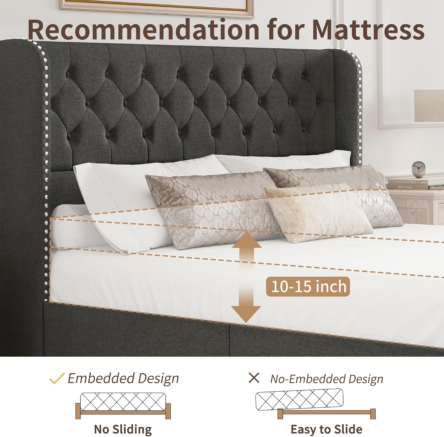 BRELTAM King Size Bed Frame with Storage Drawers and Wingback Headboard Linen Upholstered Platform Bed Frame Tufted Beds with Heavy Duty Wood Slats, Noise Free, Easy Assembly, Dark Grey