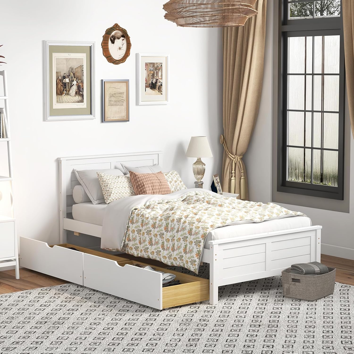 GOFLAME Twin Size Bed Frame with 2 Drawers, Platform Bed with Solid Wood Headboard & Footboard, Wood Slats Support Mattress Foundation, Under Bed Storage, No Box Spring Needed, Easy Assembly, White