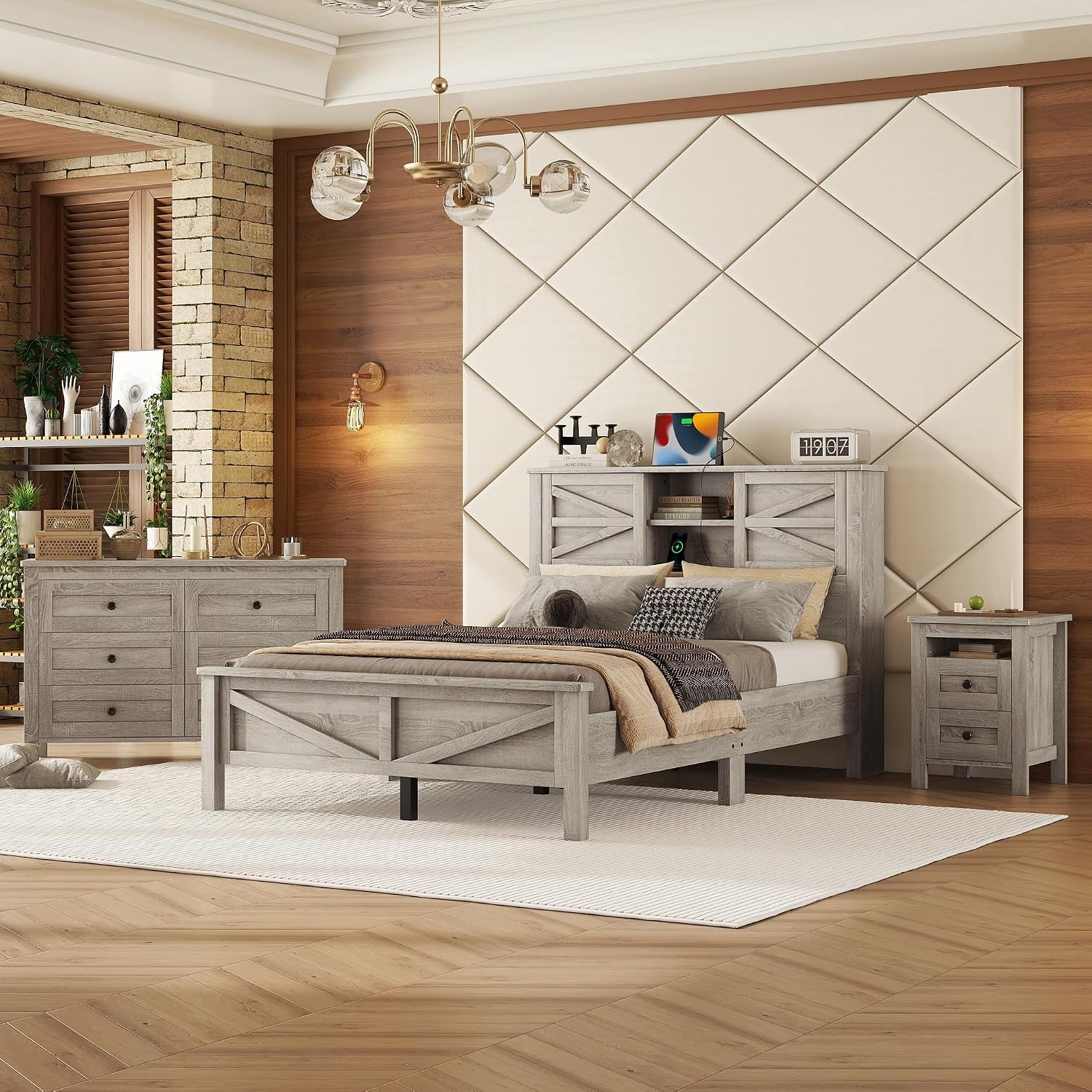 LUMISOL 3 Pieces Bedroom Sets,Farmhouse Platform Bed with Storage Nightstand and Dresser, Full Size Bed Frame with Storage Headboard and Charging Station, Antique Grey