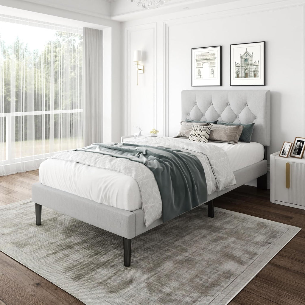 CXVX Twin Size Platform Bed Frame with Upholstered Headboard, Button Tufted Design, Strong Wooden Slats, No Box Spring Needed, Easy Assembly, Noise Free