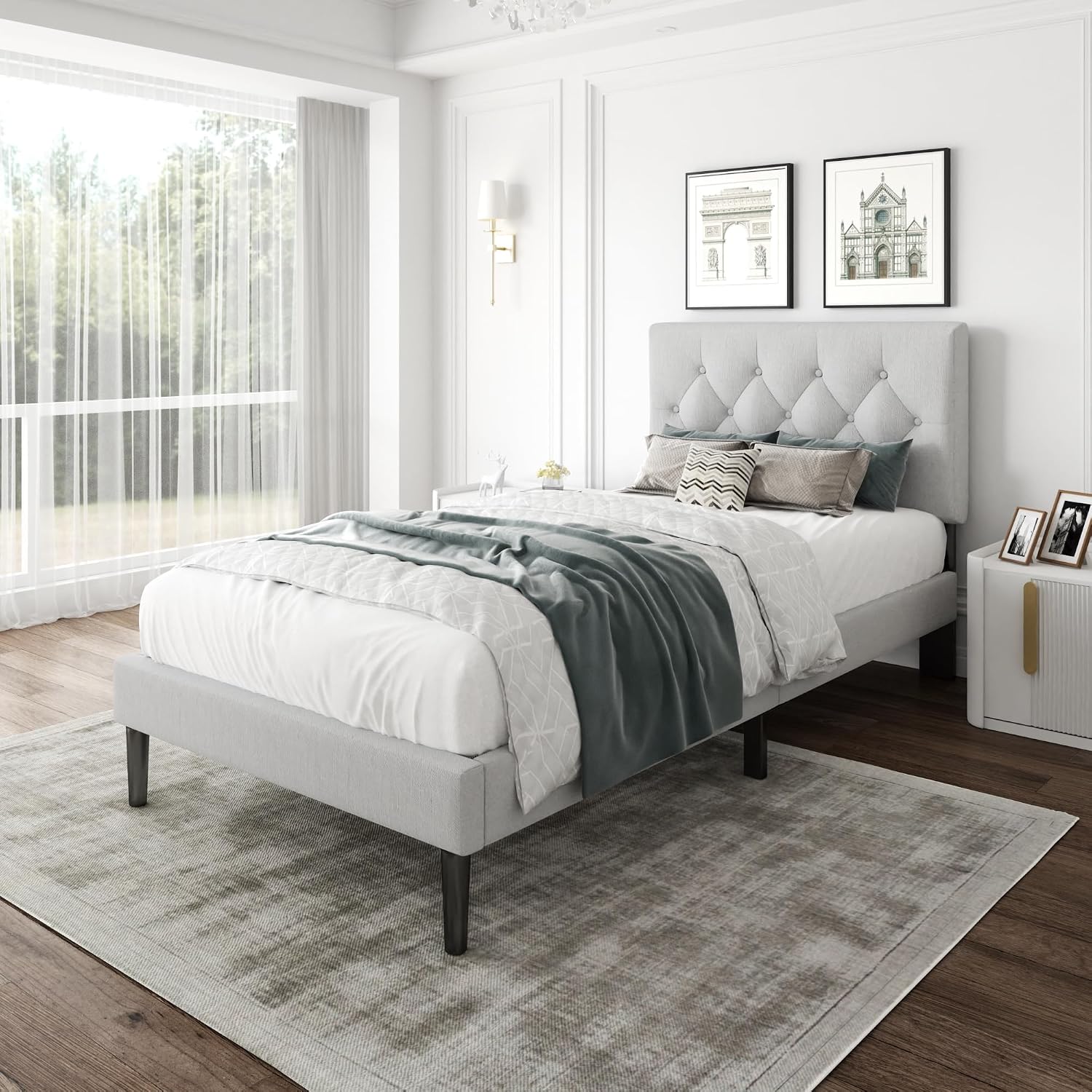 CXVX Twin Size Platform Bed Frame with Upholstered Headboard, Button Tufted Design, Strong Wooden Slats, No Box Spring Needed, Easy Assembly, Noise Free