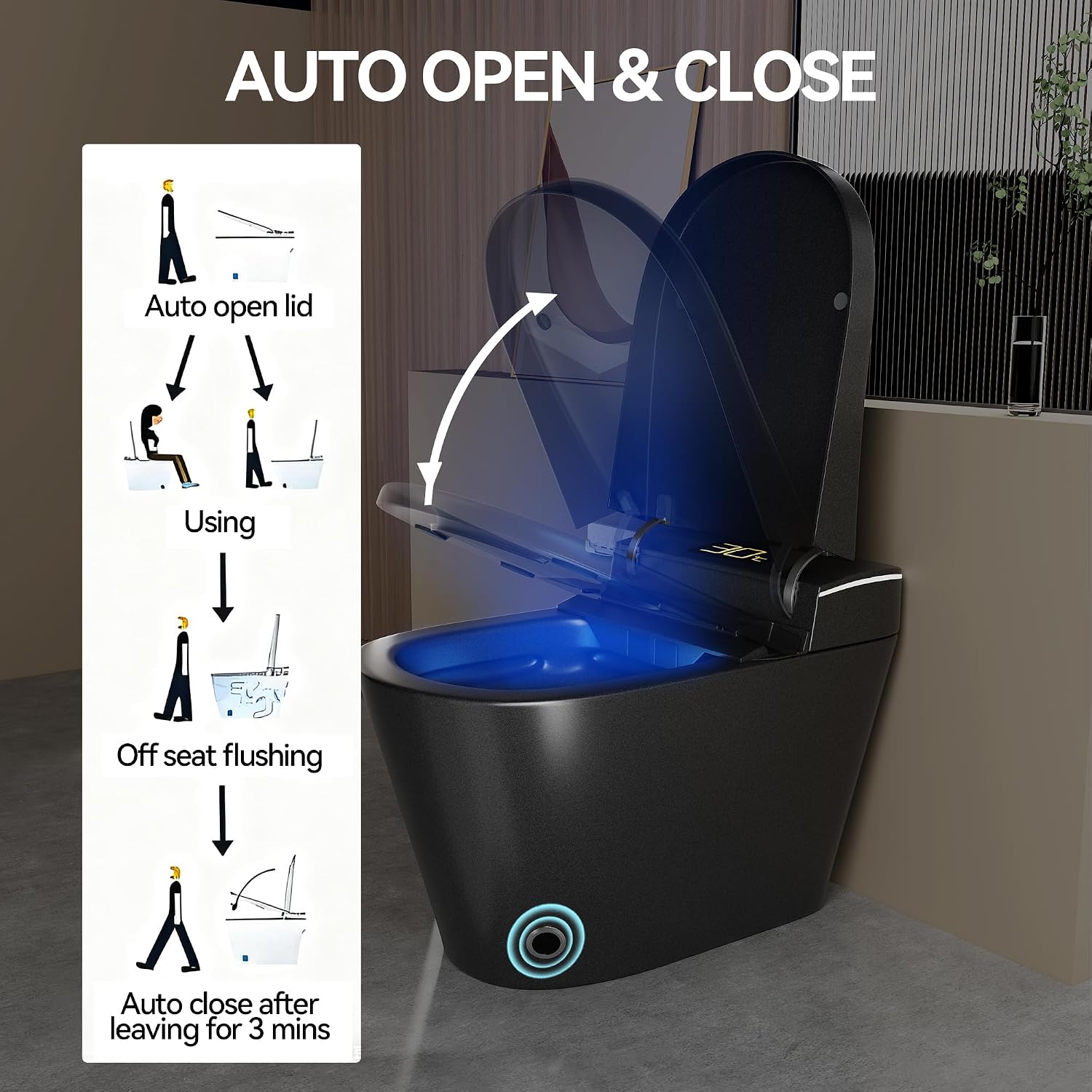 KEIKI Smart Ceramic Toilet with Warm Water Sprayer and Dryer, One Piece Bidet Toilet with Auto Dual Flush Foot Sensor Operation, Heated Seat, Auto Open/Close Seat, for Bathroom, Black