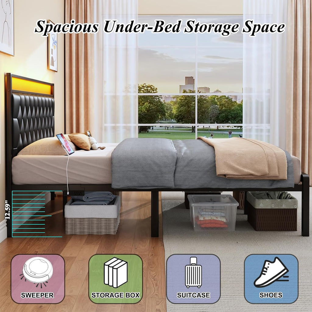 King Size Bed Frame with Headboard, Modern Metal Bed Frame with LED Lights & Charging Station, PU Leather Upholstered Headboard, All Metal Slats Support, No Boxing Spring Needed, Noise Free, Black