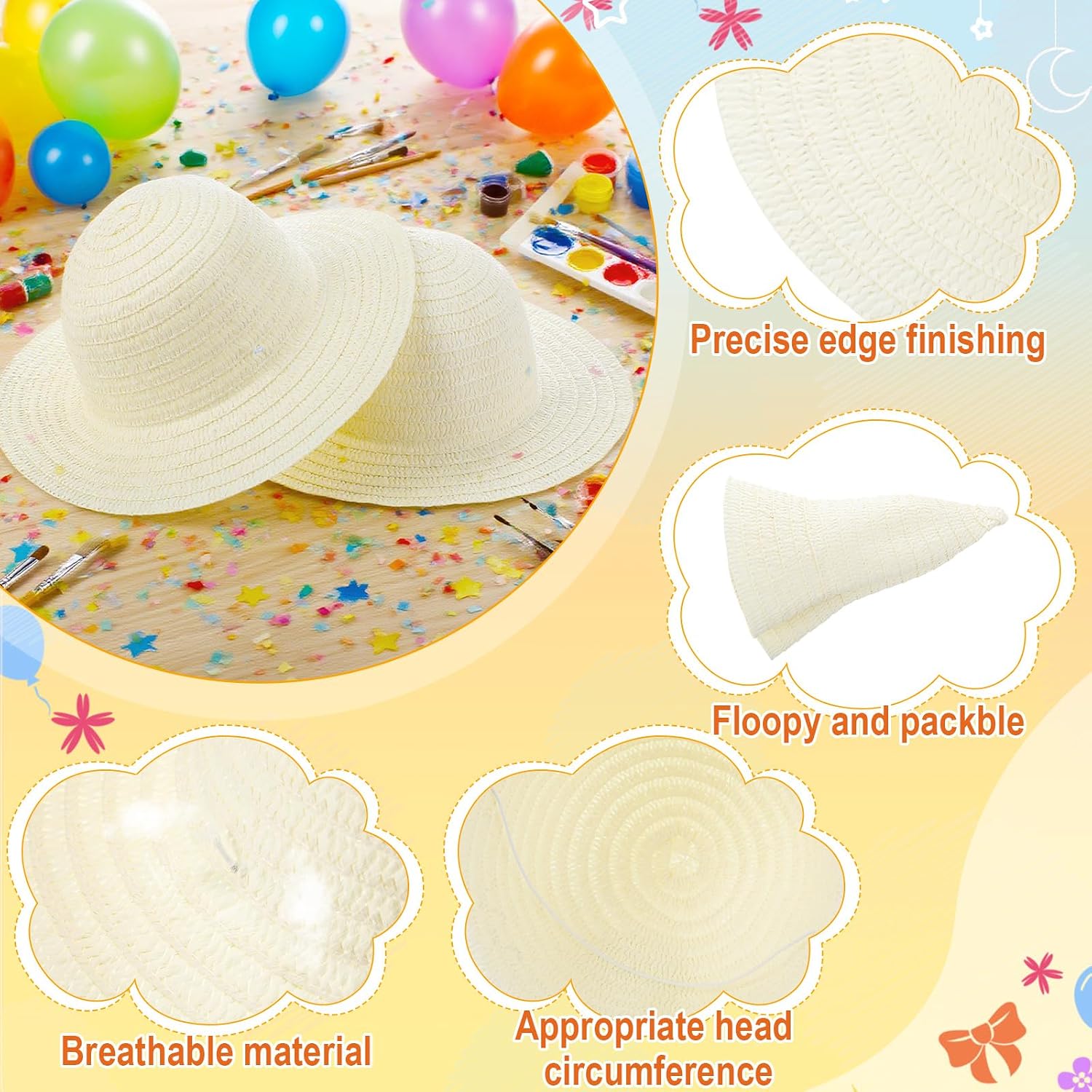 Chicingyou DIY Tea Party Straw Hats Bulk, Plain Beach Sun Cowboy Hats for Men Women Craft Birthday Gift Favor Summer Supplies