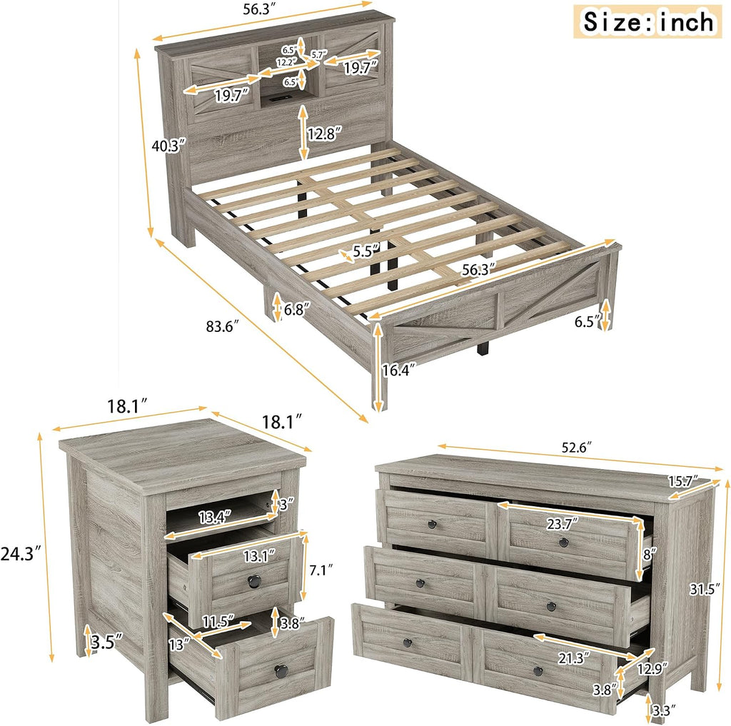 SOFTSEA 3 Piece Wood Platform Bed Set, Full Size Bed Frame with Sliding Door Storage Headboard, Storage Nightstand and Dresser, Farmhouse Bedroom Set with Charging Station, Antique Gray