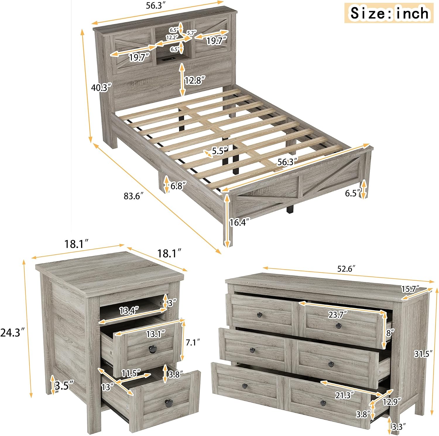 SOFTSEA 3 Piece Wood Platform Bed Set, Full Size Bed Frame with Sliding Door Storage Headboard, Storage Nightstand and Dresser, Farmhouse Bedroom Set with Charging Station, Antique Gray