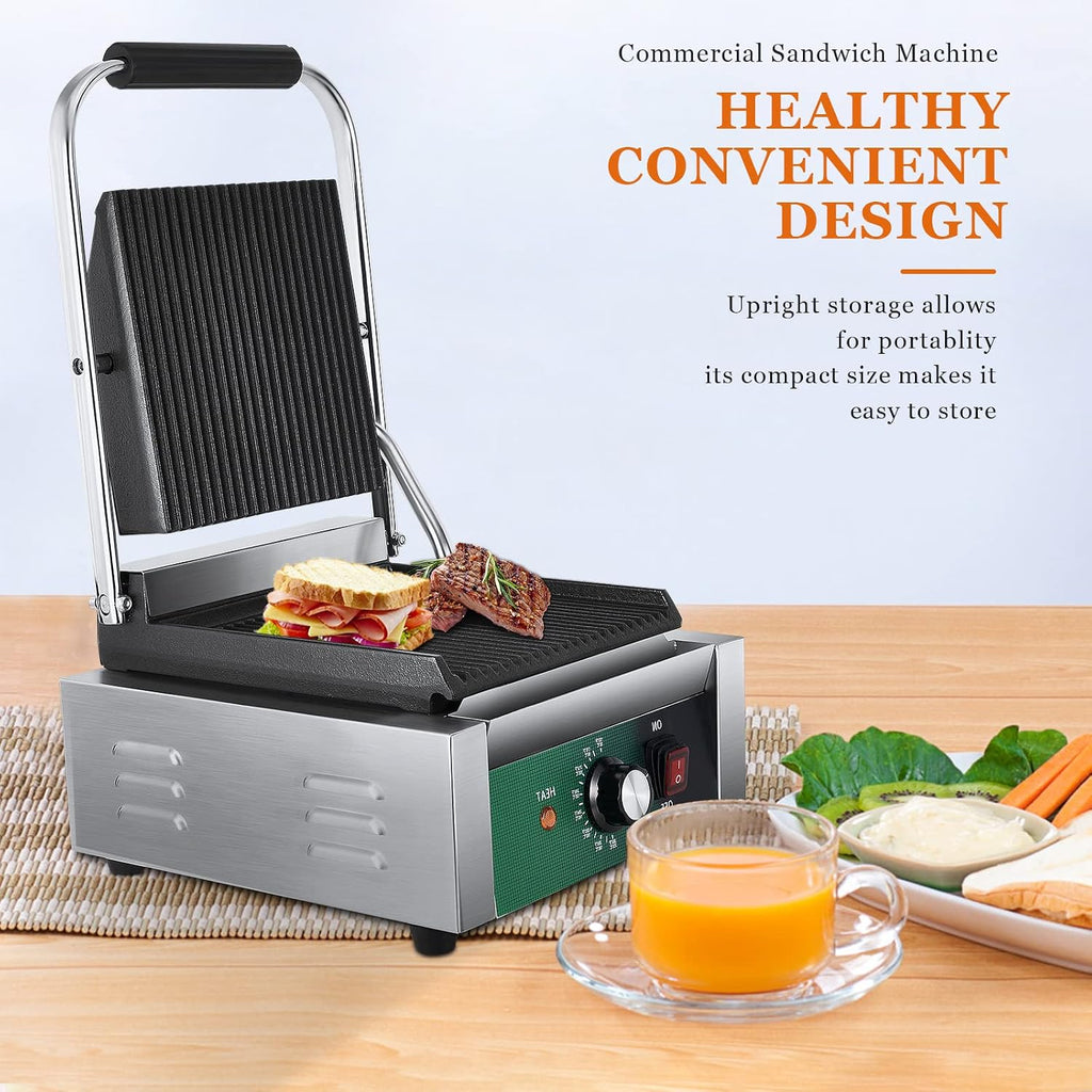 Commercial Panini Press, 2200W Panini Grill Press Sandwich Maker with Non-Stick Grooved Plates and Adjustable Temperature Control, Double-sided Heating Electric Griddle