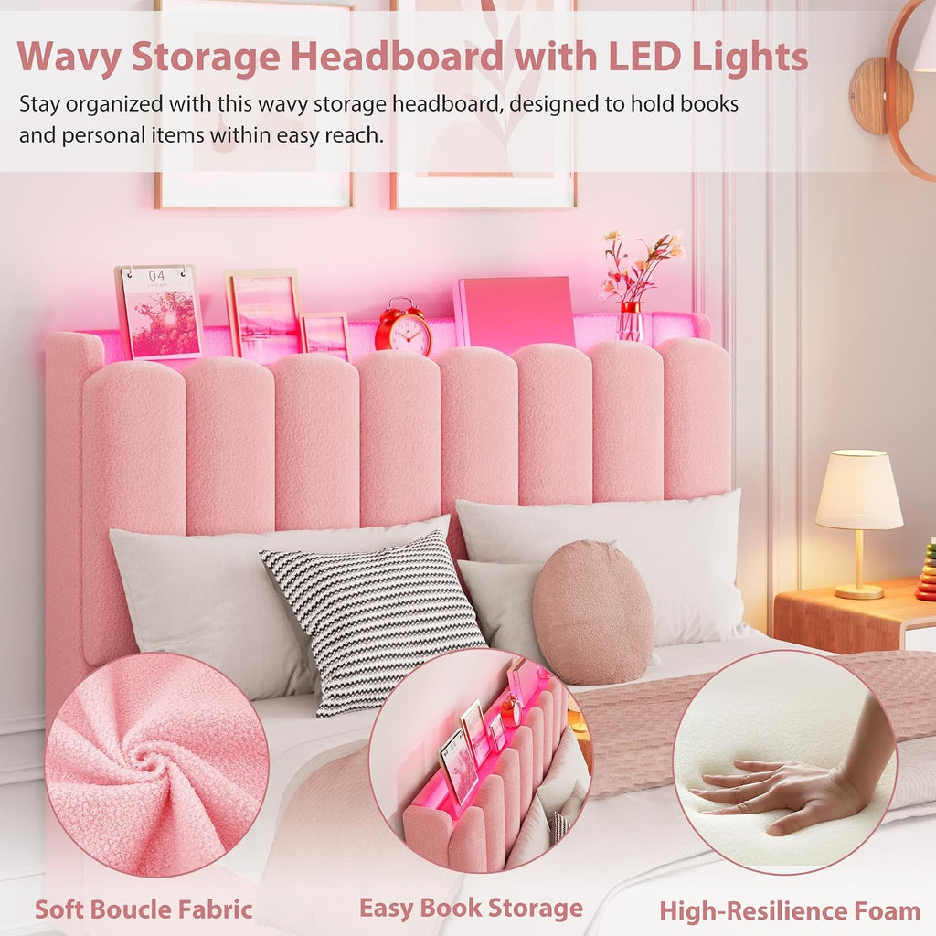 Garvee LED Full Size Bed Frame with Storage Headboard, Kids Bed Frame with 2 Drawers, Boucle Upholstered Platform Bed for Girls, Chic Wavy Headboard with Bookcase, No Box Spring Needed, Pink