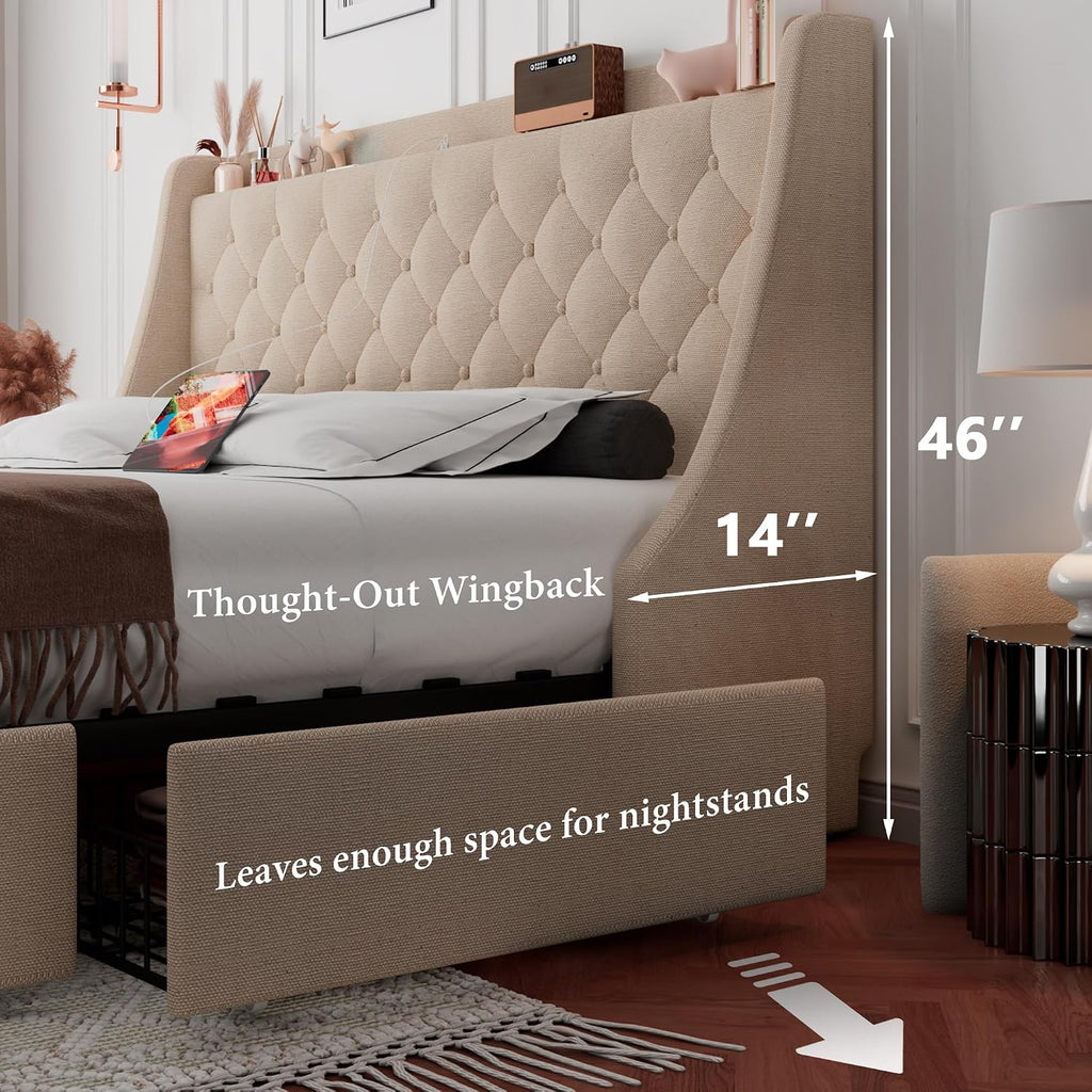 iPormis Full Size Bed Frame with 4 Storage Drawers, Upholstered Platform Bed Frame with Type-C & USB Ports, Wingback Storage Headboard, Solid Wood Slats, No Box Spring Needed, Beige