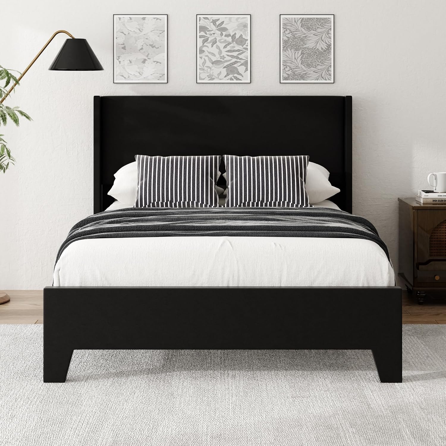 Full Size Bed Frame with Faux Leather Upholstered Headboard, Wear-Resistant, Easy Clean, Mattress Foundation, No Box Spring Required, Easy Assembly, Black