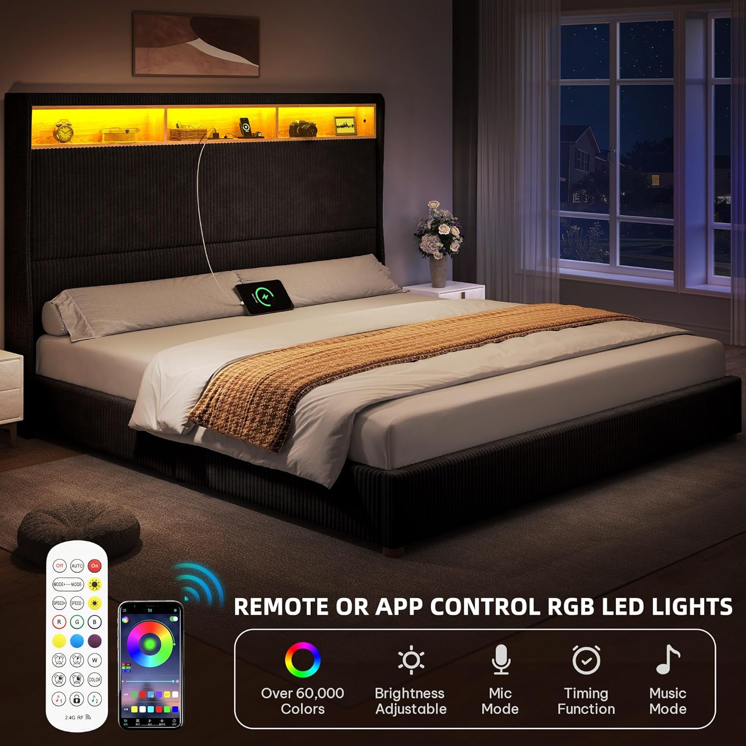 DWVO King Size Corduroy Upholstered Platform Bed Frame with Charging Station and RGB LED Lights, 53'' Tall Storage Wingback Headboard, No Box Spring Needed, Easy Assembly, Noise-Free, Black