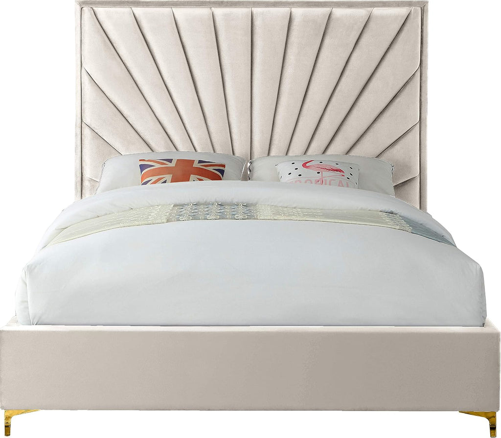 Meridian Furniture Eclipse Collection Modern | Contemporary Velvet Upholstered Bed with Channel Tufted Design and Complete Sets of Gold and Chrome Legs Included, King, Cream