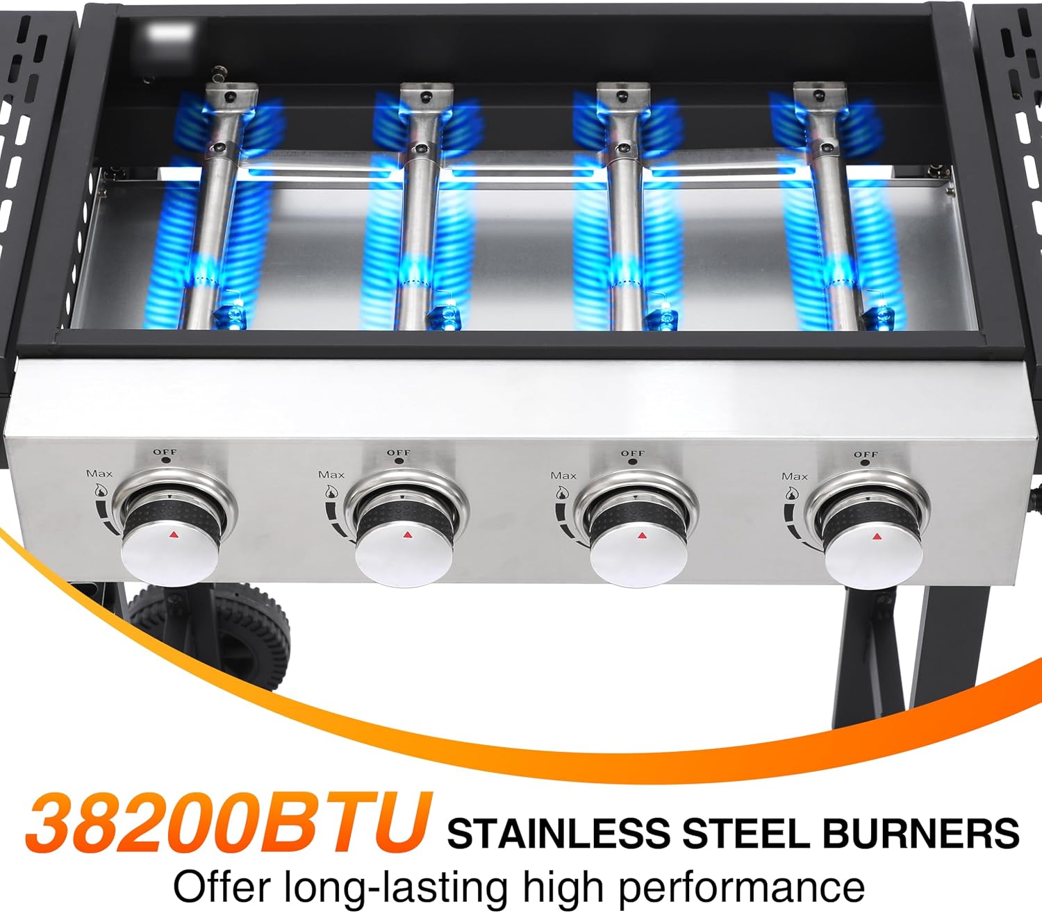 4 Burner Propane Flat Top Grill, 22 Inch Stainless Steel Griddle with Detachable Tabletop & Cart, Portable BBQ Cooker with Side Shelf & 2 Wheels, Dust Cover & Hose for Camping Tailgating