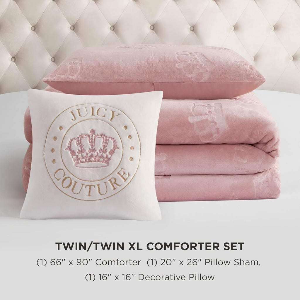 Juicy Couture Plush Reversible Embossed Crown 3-Piece Twin/Twin XL Comforter Set with Decorative Pillow, Light Pink