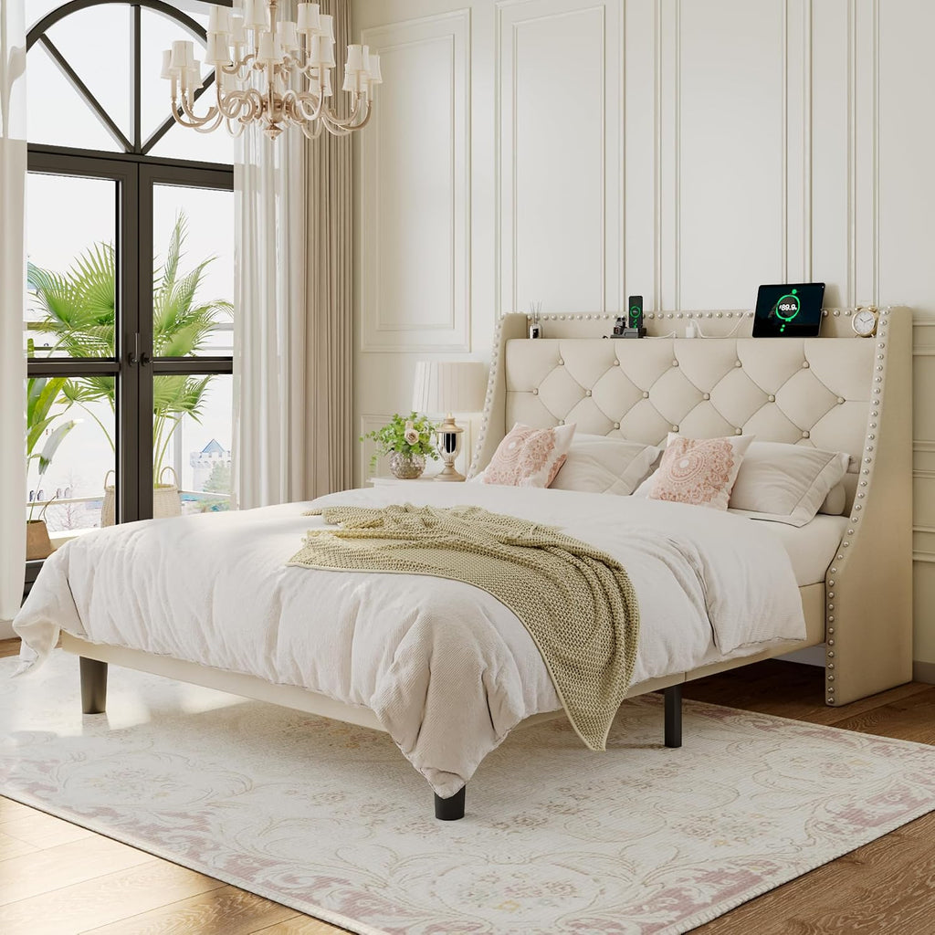 Einhomn Queen Size Bed Frame with Wingback Button Tufted Storage Headboard and Type AC Ports, Upholstered Platform Bed, Wooden Slats Support, No Box Spring Needed, Noise-Free, Beige