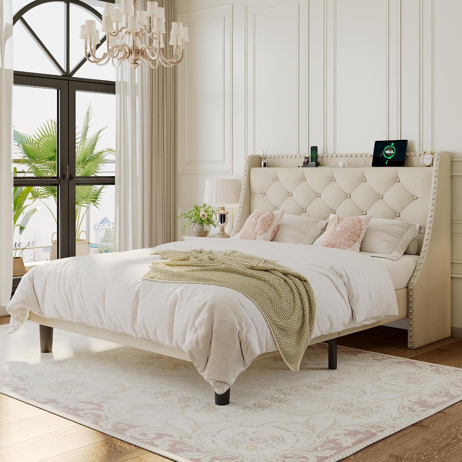 Einhomn Queen Size Bed Frame with Wingback Button Tufted Storage Headboard and Type AC Ports, Upholstered Platform Bed, Wooden Slats Support, No Box Spring Needed, Noise-Free, Beige