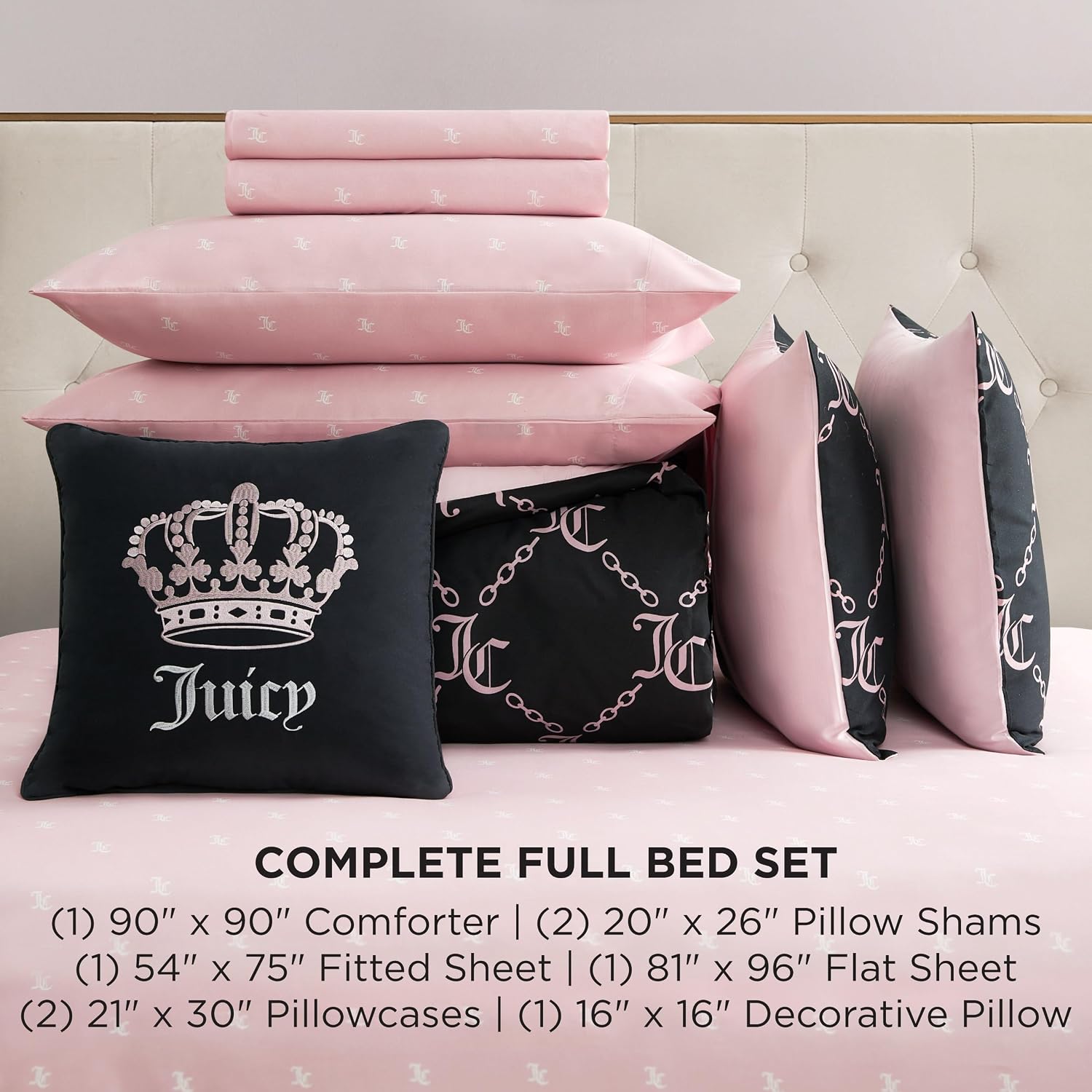 Juicy Couture Black Link Logo Printed Comforter Set, Full – Complete 8-Piece Bed in a Bag Collection