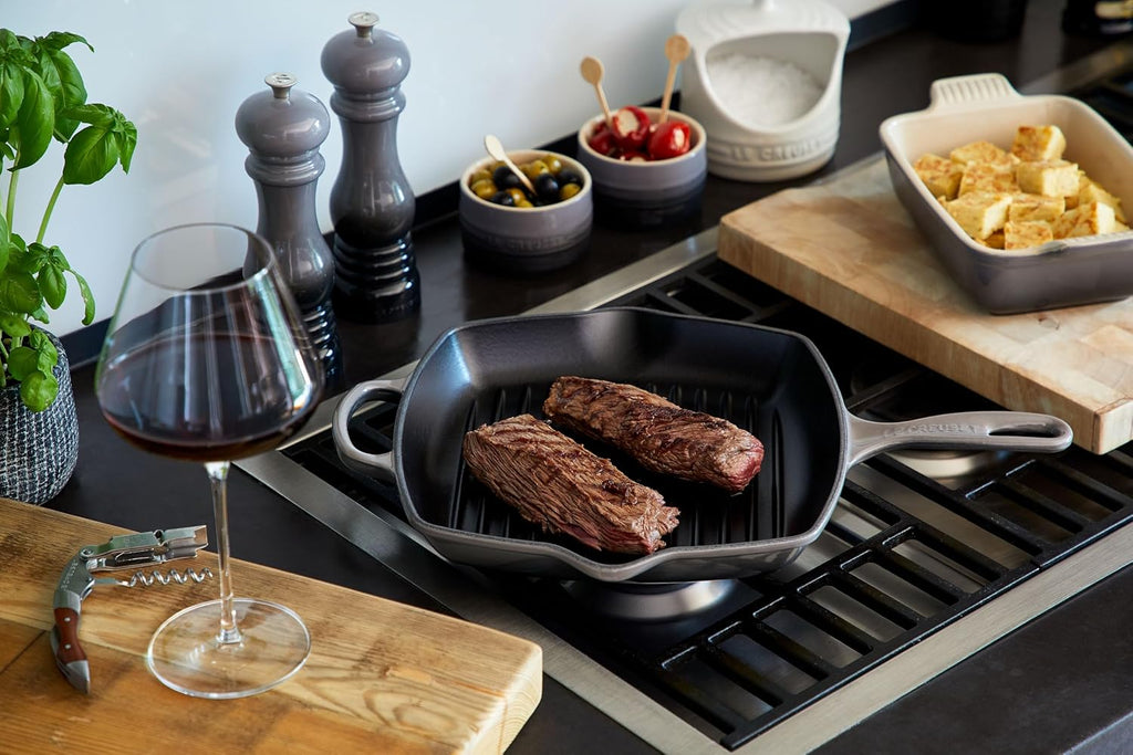 Le Creuset Enameled Cast Iron Signature Square Skillet Grill, 10.25', Sea salt