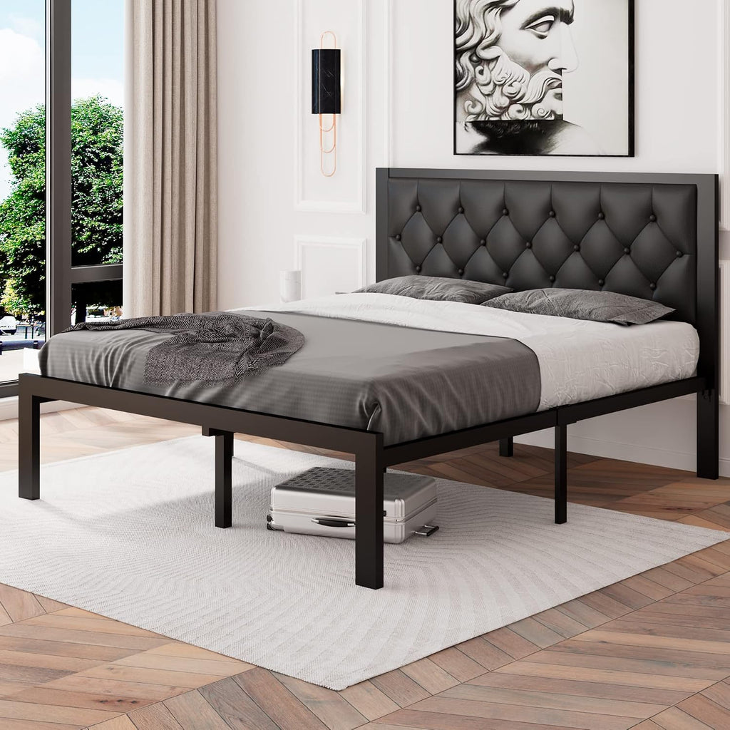 Feonase Queen Size Metal Bed Frame with Faux Leather Button Tufted Headboard, Heavy-Duty Platform Bed Frame with 12' Storage, Steel Slats Support, No Box Spring Needed, Noise Free, Black