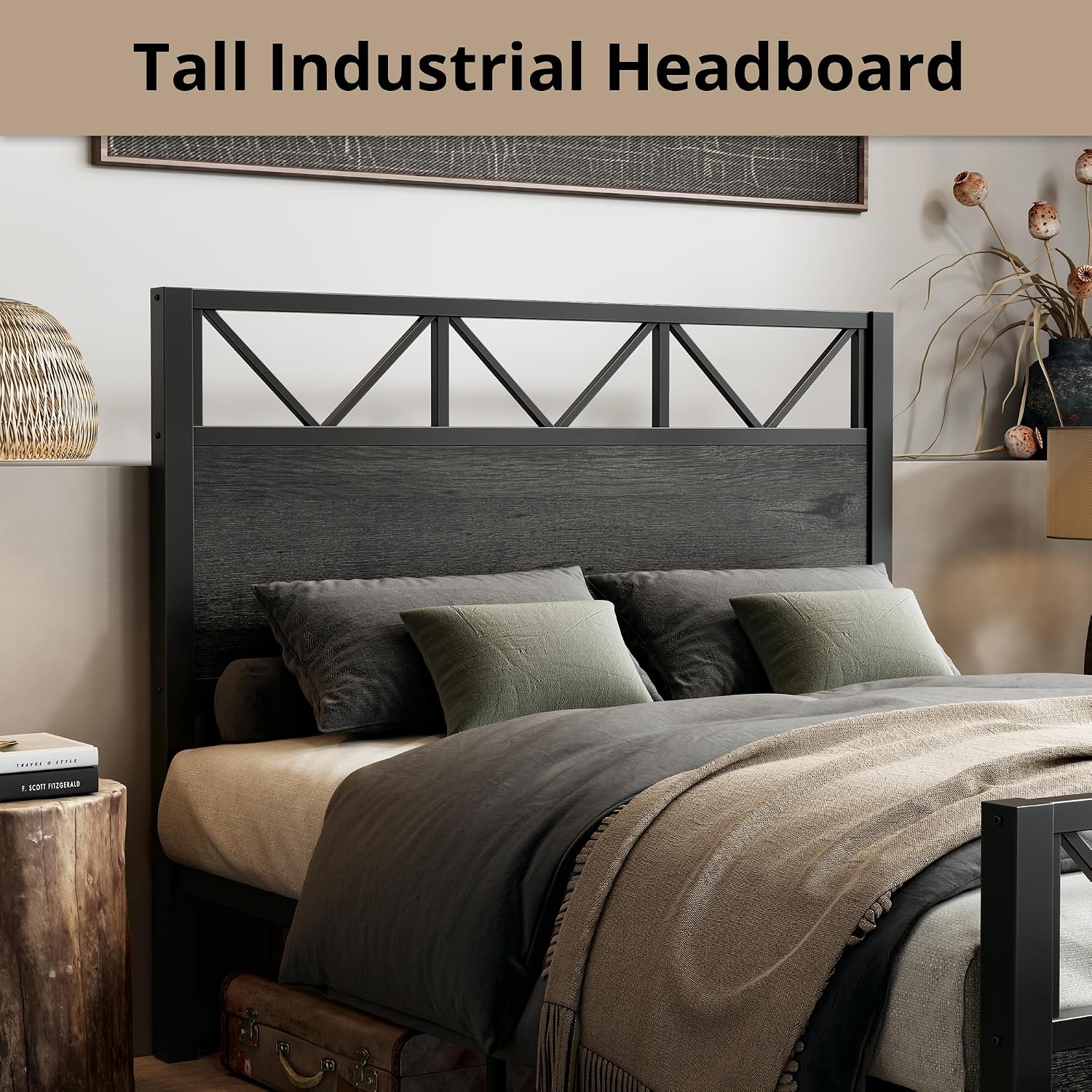 LIKIMIO Queen Bed Frame, Tall Industrial Headboard 51.2 ', Platform Bed Frame with Strong Metal Support, Solid and Stable, Noise Free, No Box Spring Needed, Easy Assembly, Charcoal Grey