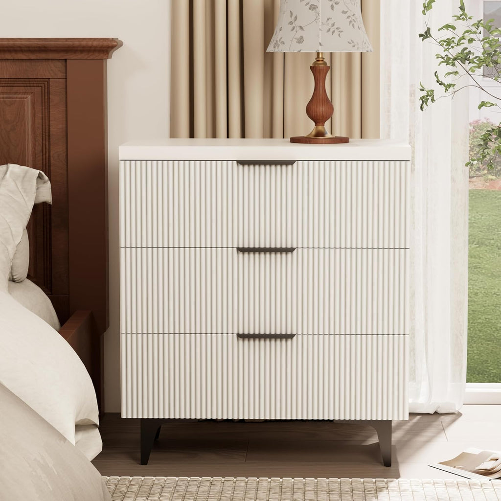 Royal Windsor Large Night Stand Fluted Nightstand with 3 Drawers, Side End Table with Storage, Modern Oversized Nightstands Bedside Table for Bedroom, White