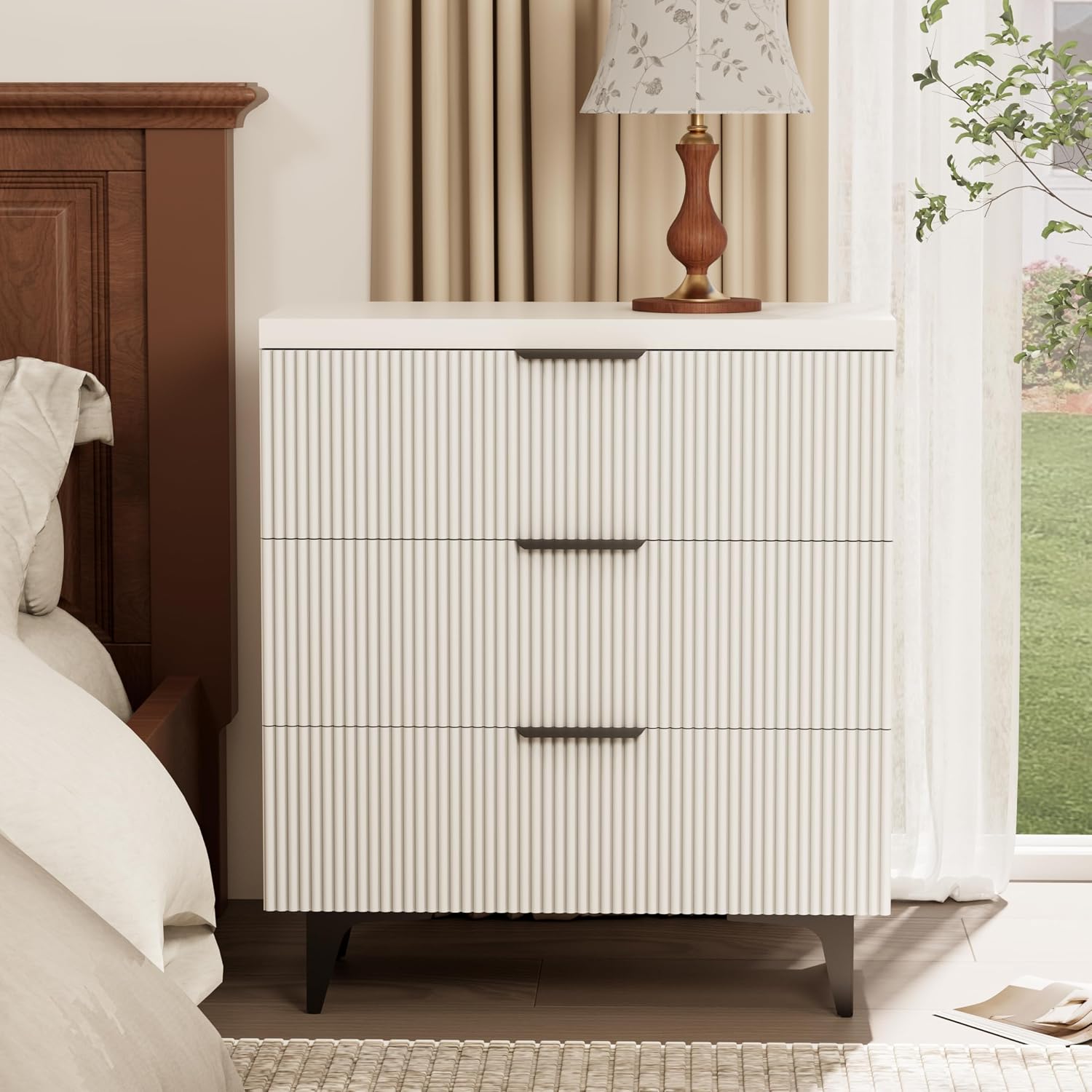 Royal Windsor Large Night Stand Fluted Nightstand with 3 Drawers, Side End Table with Storage, Modern Oversized Nightstands Bedside Table for Bedroom, White