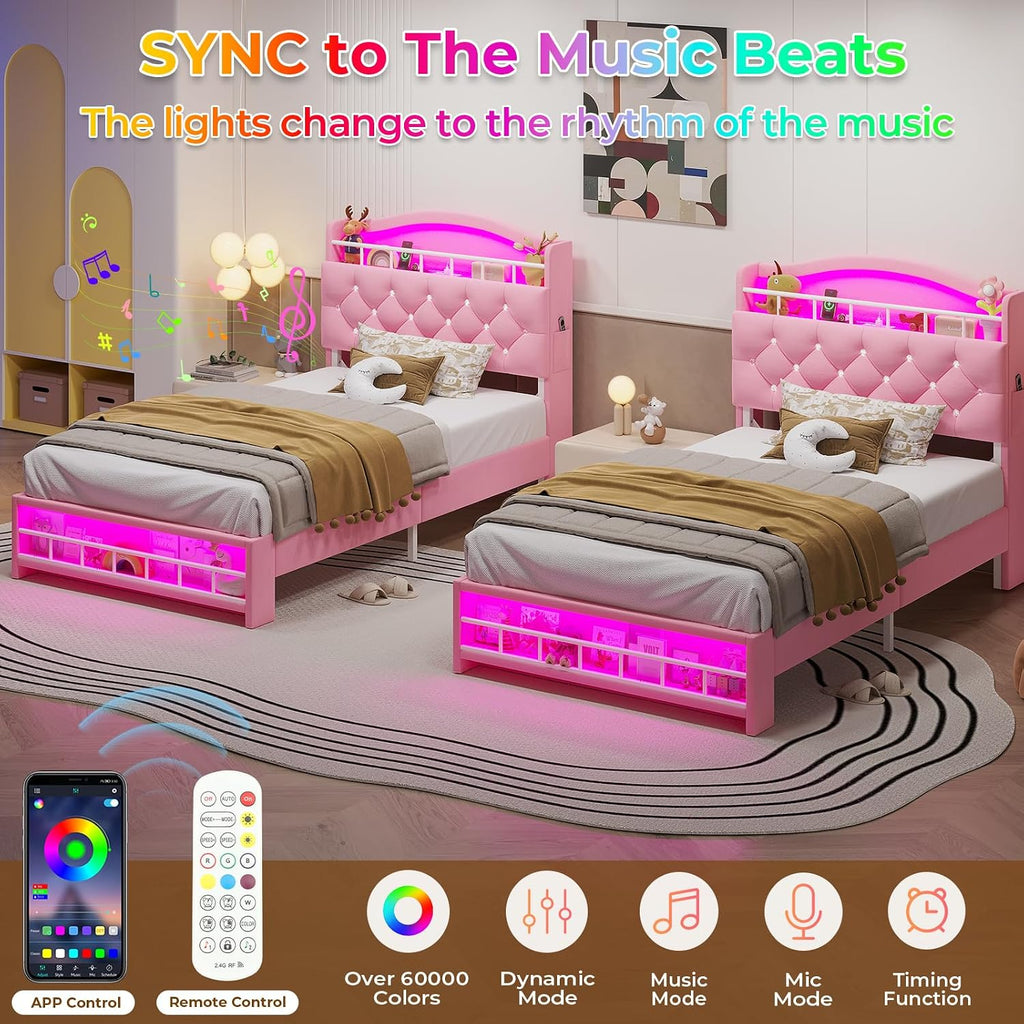 HAUOMS Twin Size Bed Frame with LED Lights, Princess Velvet Upholstered Platform Bed for Girls, Headboard with Charging Station & Guardrail & Crystal Button, No Box Spring Needed, Pink