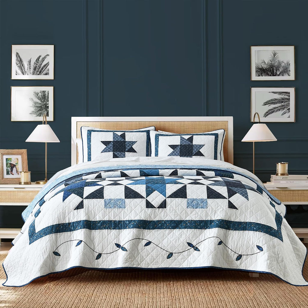 Secgo Handmade Quilted 100% Cotton King Comforter Set for Bed - 100% Cotton Quilts King Size, Black Bedspreads (96 * 108 Inch) with 2 Pillow Shams, Patchwork Reversible Lightweight Bedding