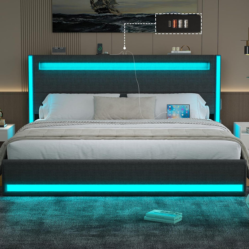 King Size Bed Frame and Adjustable Headboard, Light up King Size Platform Bed Frame with Type-C & USB Charging Station, LED Upholstered Metal Bed Frame King Size, No Box Spring Needed, Dark Grey