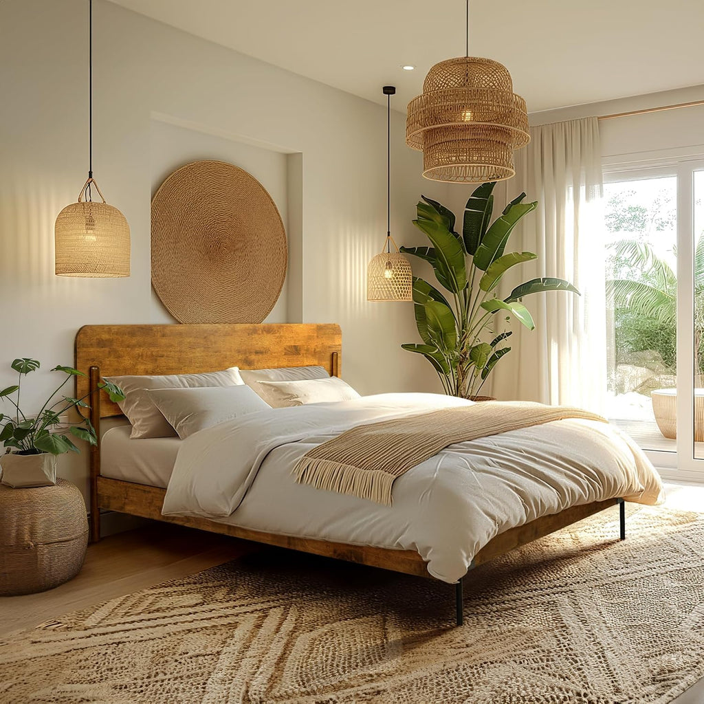 Acacia Frida Queen Bed Frame with Headboard Solid Wood Platform Bed, Tall Headboard Natural Wood Bed Compatible with All Mattress Types, No Box Spring Needed Quick & Easy Assembly, Caramel