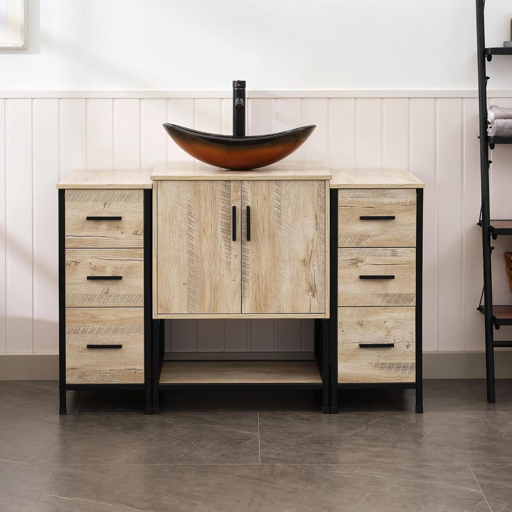 UEV 48' Rustic Oak Bathroom Vanity with Sink Combo,Industrial Iron Frame Bathroom Cabinet Sets with Double 3 Drawers Side Cabinet,Modern Brown Boat Tempered Glass Vessel Sink(029BR)