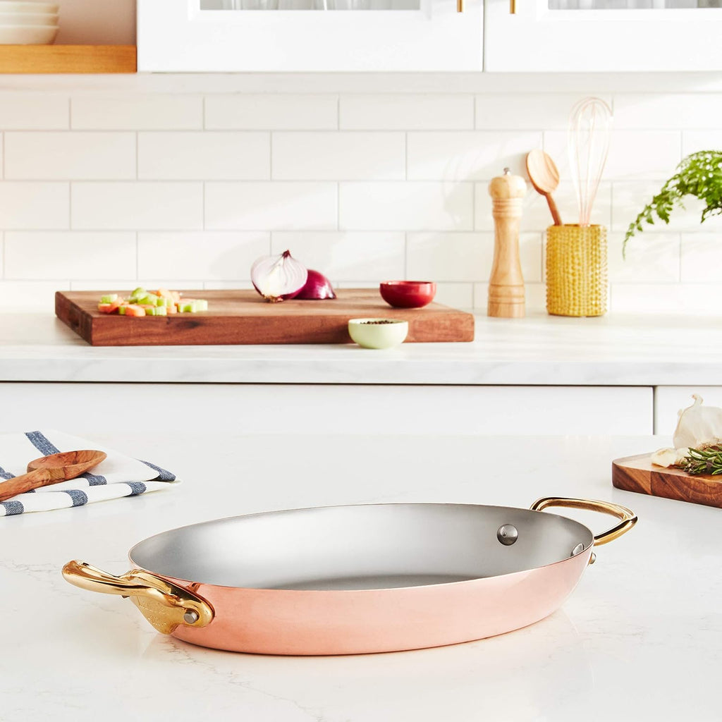 Mauviel M'150 B 1.5mm Polished Copper & Stainless Steel Oval Pan With Brass Handles, 11.8-in, Made in France